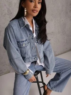 Niebieska Kurtka Jeansowa z Bawełny Typu Crop Bomber Jacket Veloma