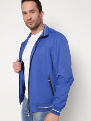 Niebieska Kurtka Przejściowa ze Ściągaczami w Paski i Kieszeniami Laname