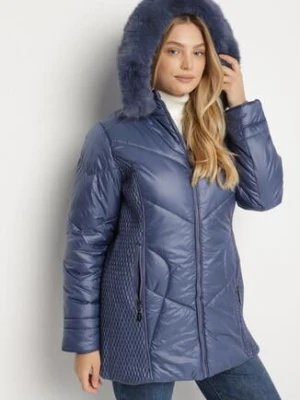 Niebieska Kurtka z Pikowanymi Przeszyciami i Kapturem z Futerkiem Vevea swest