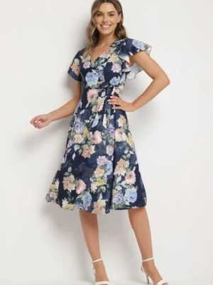 Niebieska Kwiatowa Sukienka z Kopertowym Dekoltem Atorina lovery