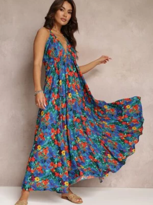 Niebieska Kwiecista Sukienka Maxi z Wiskozy z Wiązaniem na Szyi i Plecach Lunka rosa