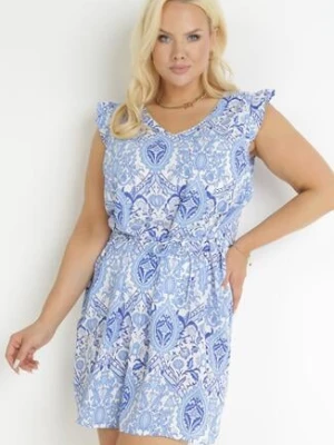 Niebieska Kwiecista Sukienka Mini z Materiałowym Paskiem i Falbankami Caidin