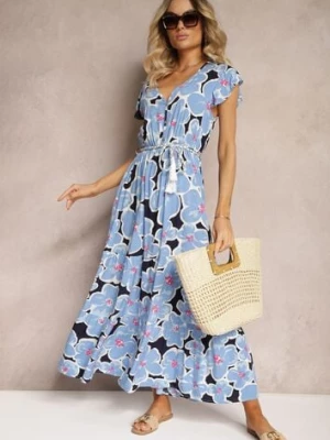 Niebieska Kwiecista Sukienka z Wiskozy z Gumką w Talii Wiązana Materiałowym Paskiem Vikennia