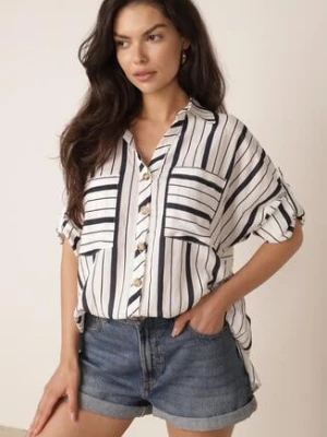 Niebieska Letnia Koszula Oversize z Bawełny w Paski z Nietoperzowymi Rękawami Sheilla melya by melody