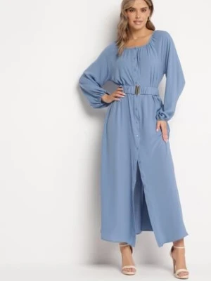 Niebieska Luźna Sukienka Maxi z Guzikami i Paskiem z Ozdobną Klamrą Liriti rosa