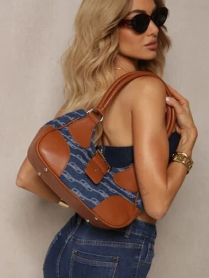 Niebieska Mała Torebka Baguette Ozdobiona Wstawką z Jeansu Qarama