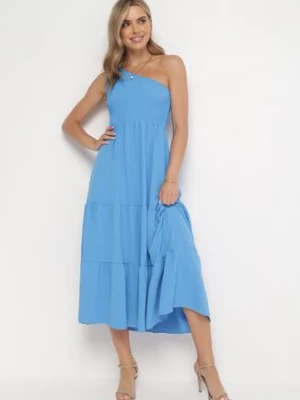 Niebieska Maxi Sukienka Asymetryczna o Rozkloszowanym Kroju na Jedno Ramię Byrecl