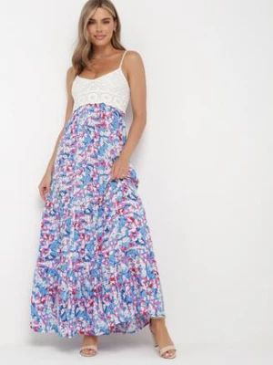 Niebieska Maxi Sukienka z Wiskozy na Cienkich Ramiączkach w Kwiaty Kernet