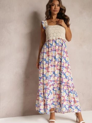 Niebieska Maxi Wiskozowa Sukienka Maxi w Kwiaty z Kwadratowym Dekoltem Alten rosa