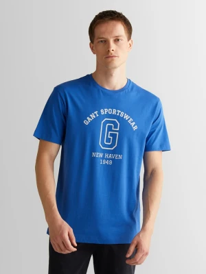Niebieska męska koszulka z logo, regular fit, z okrągłym dekoltem GANT