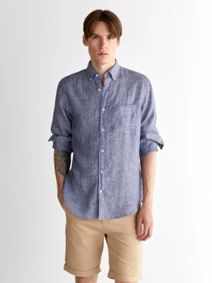 Niebieska męska lniana koszula regular fit z kołnierzykiem na guziki GANT