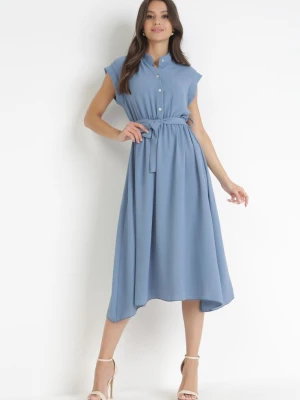 Niebieska Midi Sukienka Zapinana na Guziki z Wiązanym Paskiem Alyssama New Collection