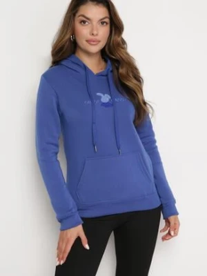 Niebieska Ocieplona Bluza Kangurka z Kapturem i Pluszową Naszywką Dysineia kamaella