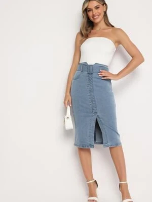Niebieska Ołówkowa Spódnica Midi Jeansowa z Guzikami Rilma elsa.m by may