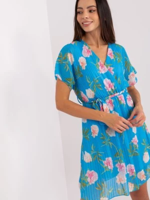 Niebieska plisowana sukienka damska w kwiaty Italy Moda