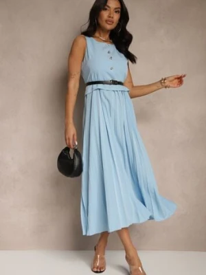 Niebieska Plisowana Sukienka o Rozkloszowanym Kroju Bez Rękawów z Paskiem z Klamrą Iffule lovery