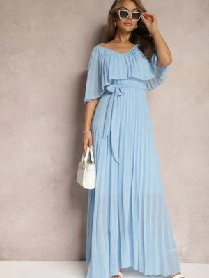 Niebieska Plisowana Sukienka z Gumką w Pasie z Falbaną Przy Dekolcie Drenia lily rose