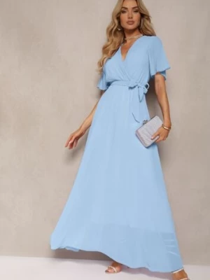 Niebieska Plisowana Sukienka z Kopertowym Dekoltem i Gumką w Talii Dimitris lily rose