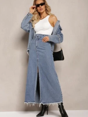 Niebieska Postrzępiona Spódnica Maxi z Jeansu z Rozcięciem Feedi elsa.m by may