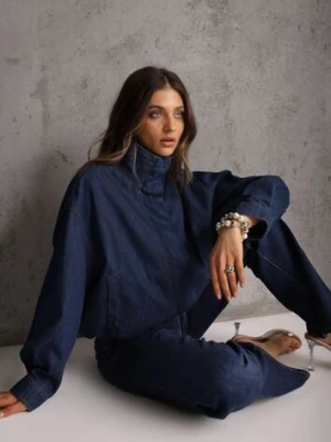 Niebieska Przejściowa Kurtka Jeansowa Balloon z Bawełny z Kołnierzykiem Abijena unigirl