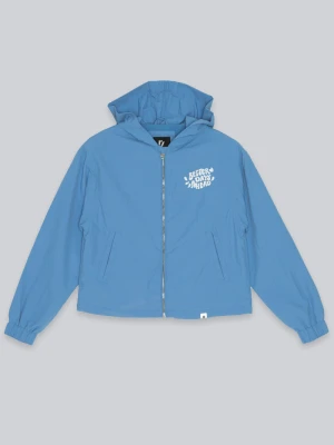 Niebieska przejściowa kurtka z nadrukiem na plecach Reporter