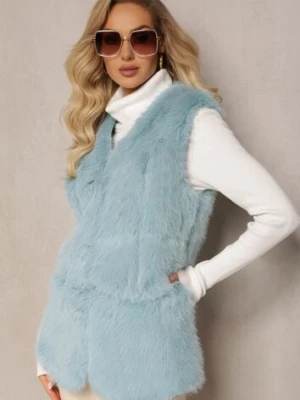 Niebieska Puchata Kamizelka z Futerka Ozdobiona Imitacją Skóry Tekllesa
