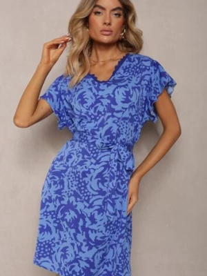 Niebieska Pudełkowa Sukienka w Ornamentalny Wzór z Paskiem i Koronkową Wstawką Ceviana melya by melody