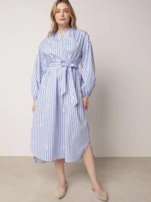 Niebieska Pudełkowa Sukienka z Bawełny Zdobiona Haftem i Wiązanym Paskiem Nahssa bisou's project