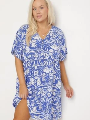 Niebieska Pudełkowa Sukienka z Wiskozy w Kwiaty z Guzikami Liramiree melya by melody