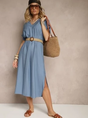 Niebieska Pudełkowa Sukienka z Wiskozy z Dekoltem V Paskiem i Rozcięciami po Bokach Soniloria cflo