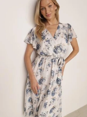 Niebieska Romantyczna Sukienka Kopertowa z Wiązanym Paskiem i Brokatem Yael m&d fashion