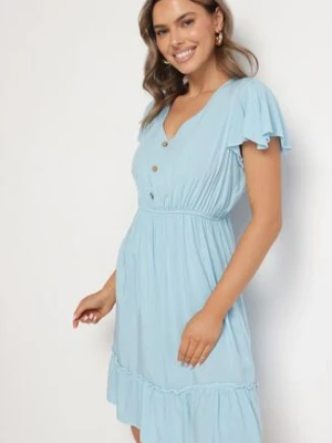 Niebieska Rozkloszowana Bawełniana Sukienka z Guzikami i Falbanami Natinema defox
