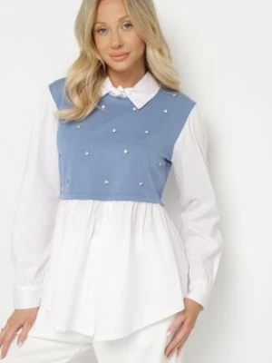 Niebieska Rozkloszowana Bluzka Koszulowa z Wiskozą z Wszytą Kamizelką z Cyrkoniami Uliaviela pretty