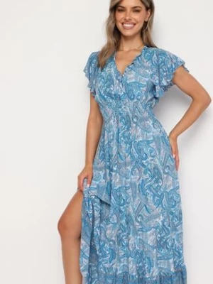 Niebieska Rozkloszowana Kopertowa Sukienka z Bawełny o Wzorze Paisley z Gumką w Talii Zonne