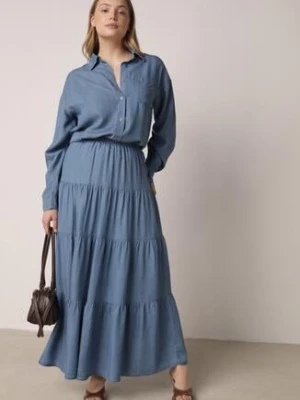 Niebieska Rozkloszowana Spódnica z Lyocellu z Wysokim Stanem i Falbanami Emorithia yu & me