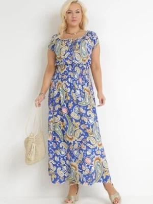 Niebieska Rozkloszowana Sukienka Hiszpanka Maxi z Gumkami w Pasie z Bawełny Briyenn generation