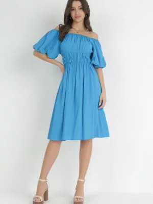 Niebieska Rozkloszowana Sukienka Hiszpanka z Gumką w Pasie z Wiskozowej Tkaniny Lussire