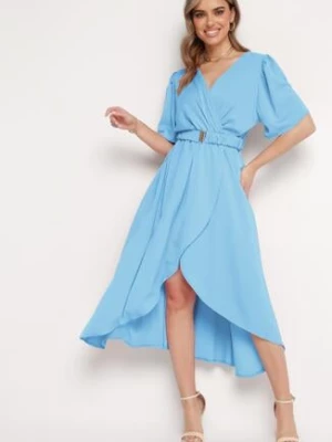 Niebieska Rozkloszowana Sukienka Kopertowa z Gumką w Talii i Ozdobnym Paskiem Vasena wei wei