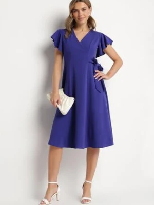 Niebieska Rozkloszowana Sukienka Kopertowa z Wiązaniem w Talii Dannila new collection