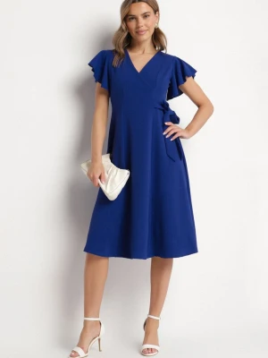 Niebieska Rozkloszowana Sukienka Kopertowa z Wiązaniem w Talii Dannila New Collection
