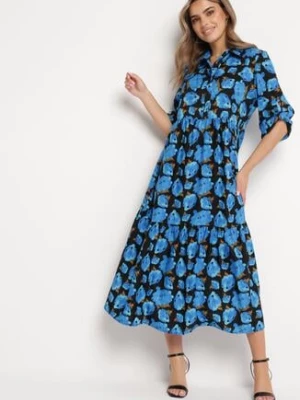 Niebiesko-Czarna Rozkloszowana Sukienka Maxi w Abstrakcyjne Kwiaty z Guzikami Przy Dekolcie Millara