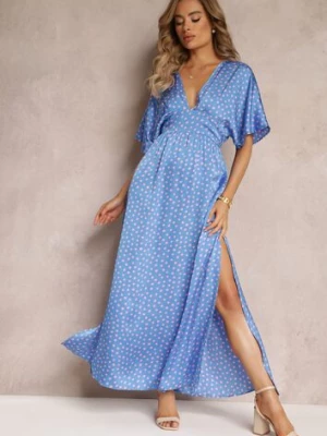 Niebieska Rozkloszowana Sukienka Maxi w Kropki z Głębokim Dekoltem Sallo