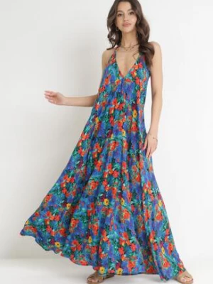 Niebieska Rozkloszowana Sukienka Maxi Wiązana na Szyi z Wiskozy w Kwiaty Enisa