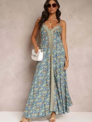 Niebieska Rozkloszowana Sukienka Maxi Wiązana na Szyi z Wiskozy z Printem Paisley Olympie cflo