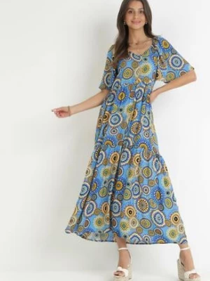 Niebieska Rozkloszowana Sukienka Maxi z Falbanką z Wiskozy Sehna