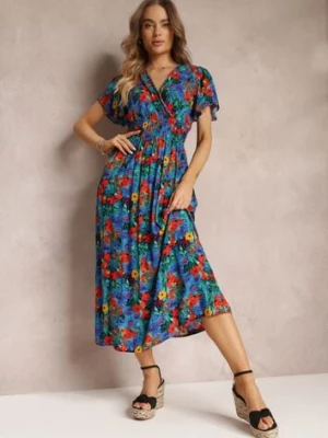 Niebieska Rozkloszowana Sukienka Maxi z Gumką w Pasie z Wiskozy Femia j&x