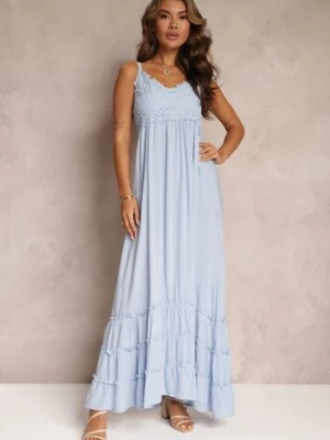 Niebieska Rozkloszowana Sukienka Maxi z Koronką i Głębokim Dekoltem Zonila