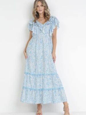 Niebieska Rozkloszowana Sukienka Maxi z Ozdobnym Dekoltem i Gumką w Talii z Wiskozy Adyni