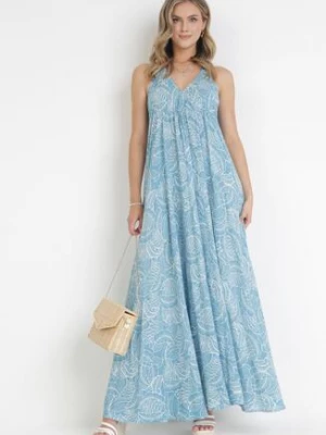 Niebieska Rozkloszowana Sukienka Maxi z Wiązaniem na Szyi Inabella
