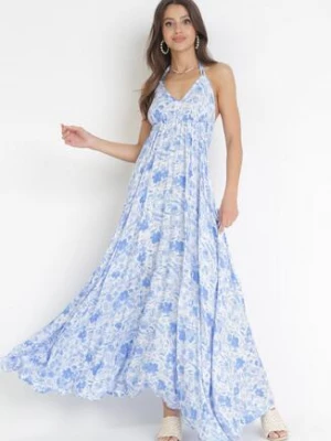 Niebieska Rozkloszowana Sukienka Maxi z Wiązaniem na Szyi Tesit
